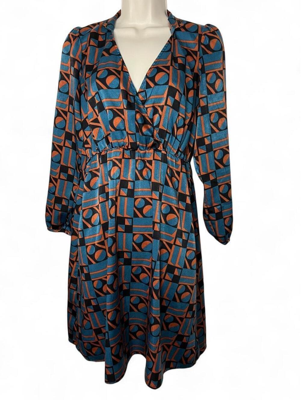 Traffic People Dress Womens XS Teal Orange Geometric Print Faux Wrap Midi Retro
